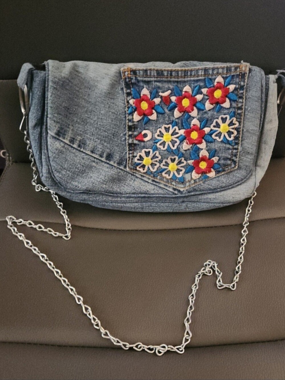 Denim Floral Embroidered Purse